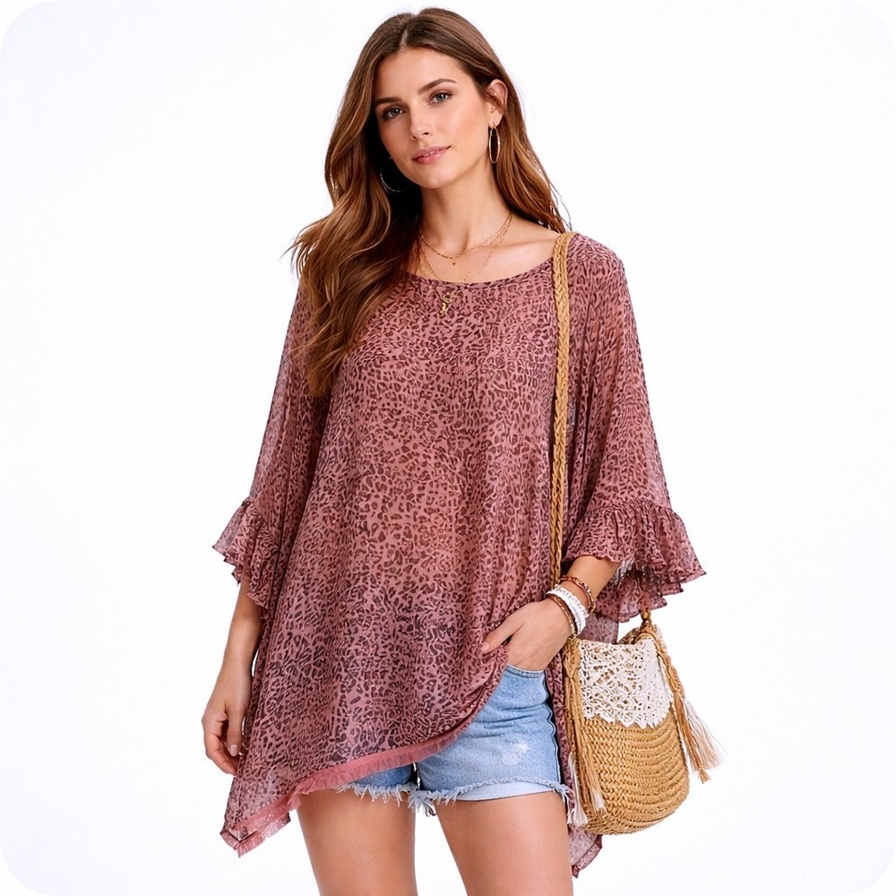 Umgee USA Pink Leopard Tunic Top Boho Festival Ruffle Sleeve Fringed Hem Large